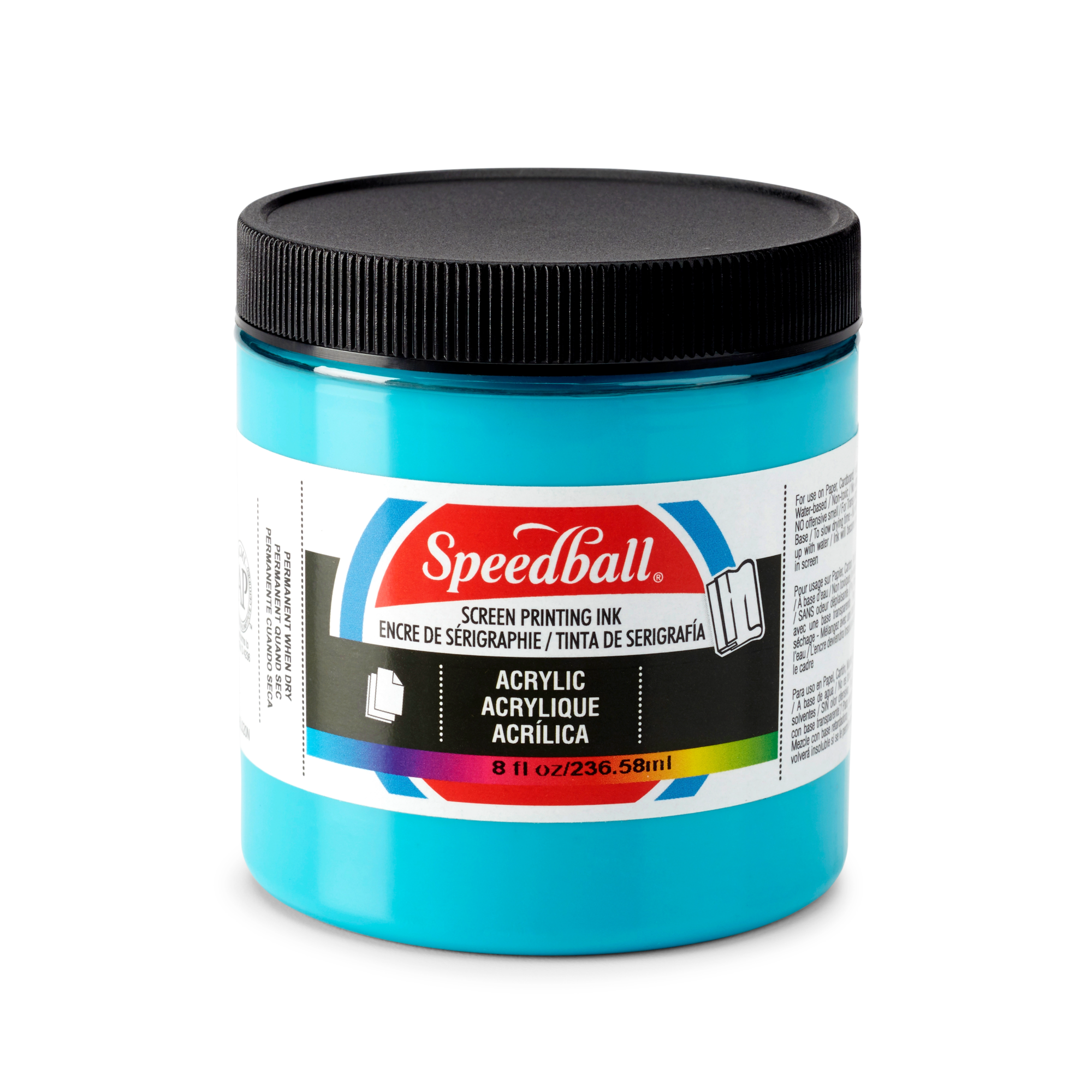 Small tub of light blue Speedball acrylic screen printing ink on a white background