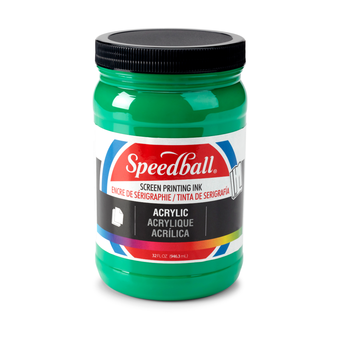 Large tub of green Speedball acrylic screen printing ink on a white background