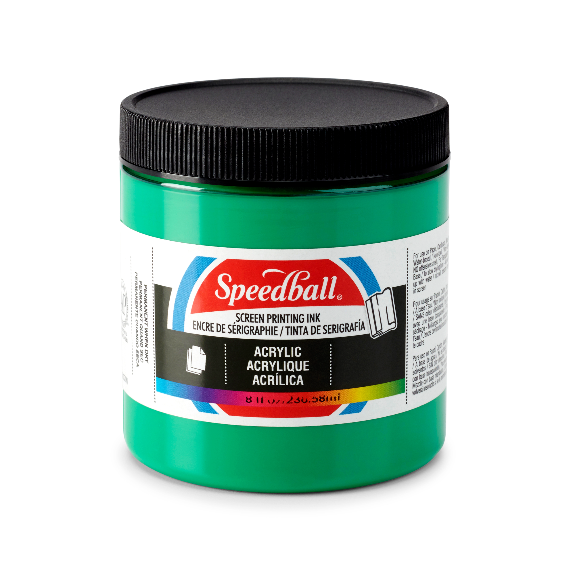 Small tub of green Speedball acrylic screen printing ink on a white background