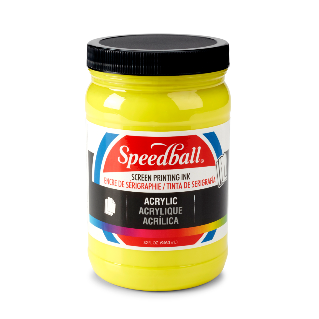 Large tub of yellow Speedball acrylic screen printing ink on a white background