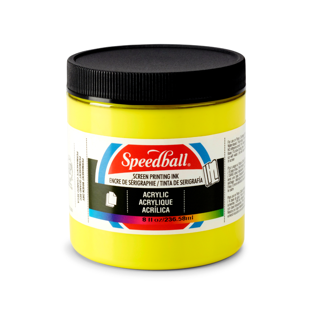 Small tub of yellow Speedball acrylic screen printing ink on a white background