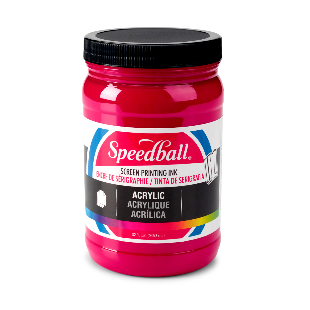 Large tub of magenta Speedball acrylic screen printing ink on a white background