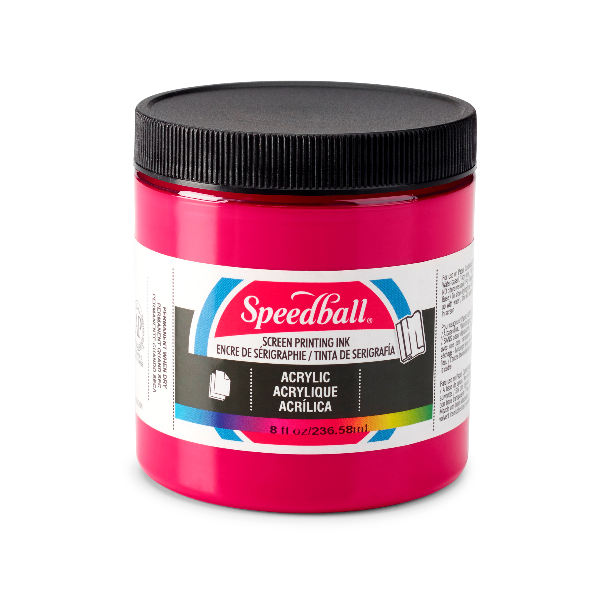Small tub of magenta Speedball acrylic screen printing ink on a white background