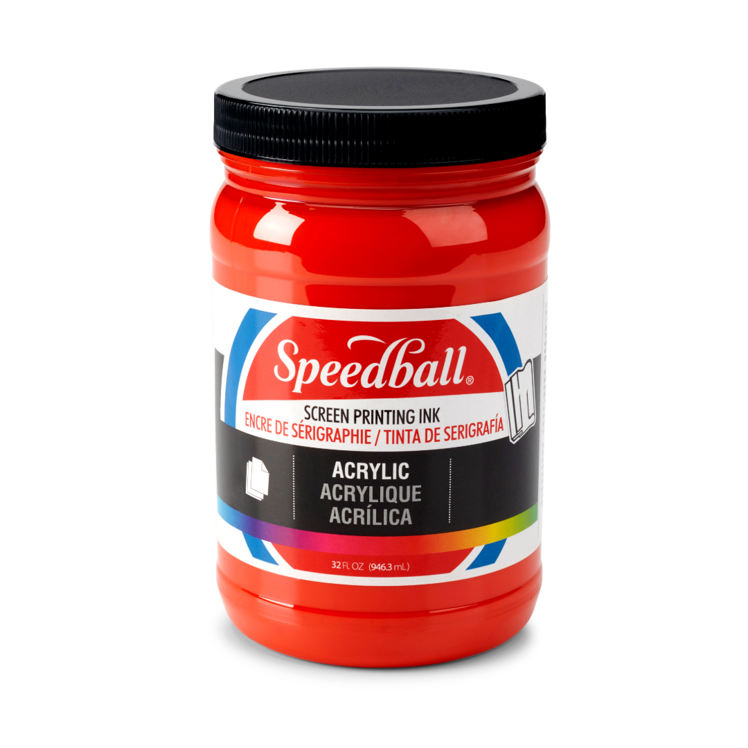 Large tub of red Speedball acrylic screen printing ink on a white background