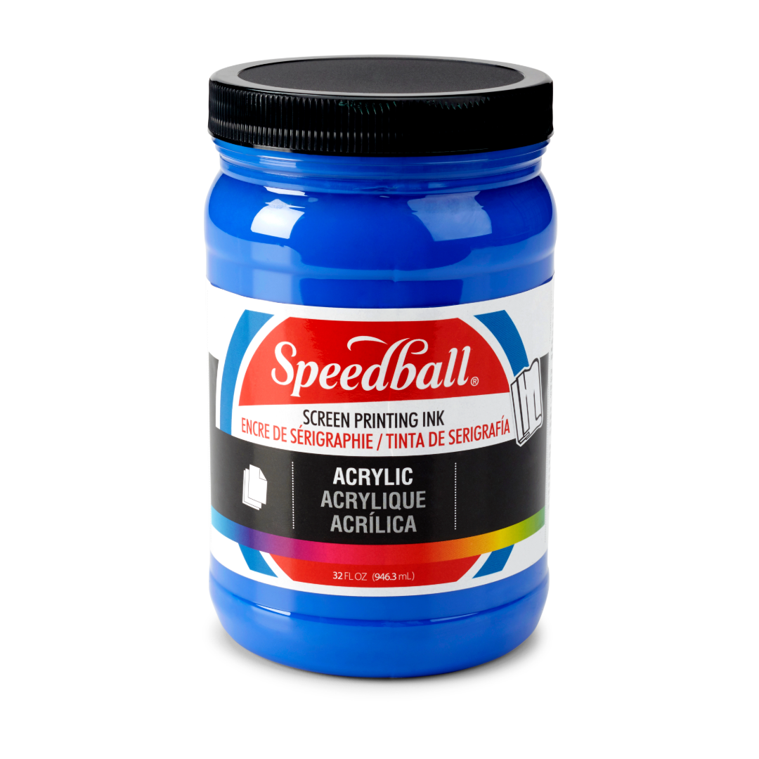 Large tub of blue Speedball acrylic screen printing ink on a white background