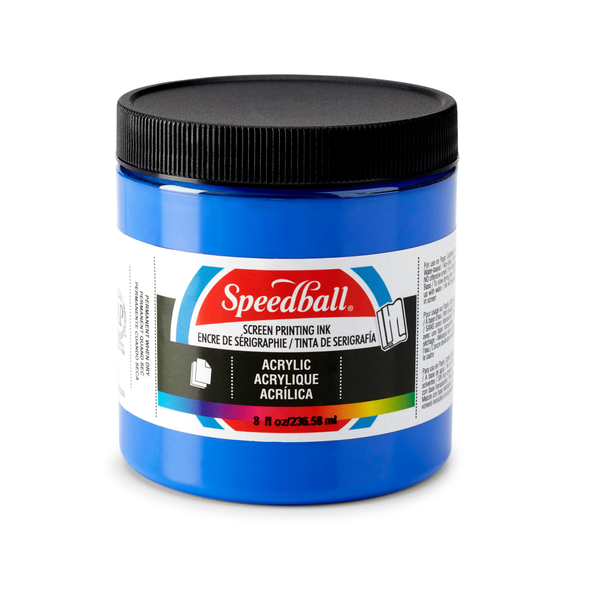 Small tub of blue Speedball acrylic screen printing ink on a white background