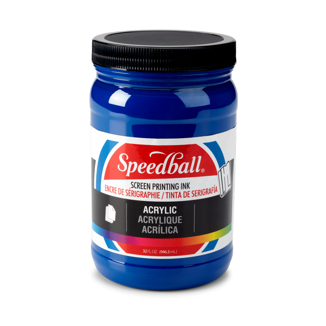 Large tub of blue Speedball acrylic screen printing ink on a white background