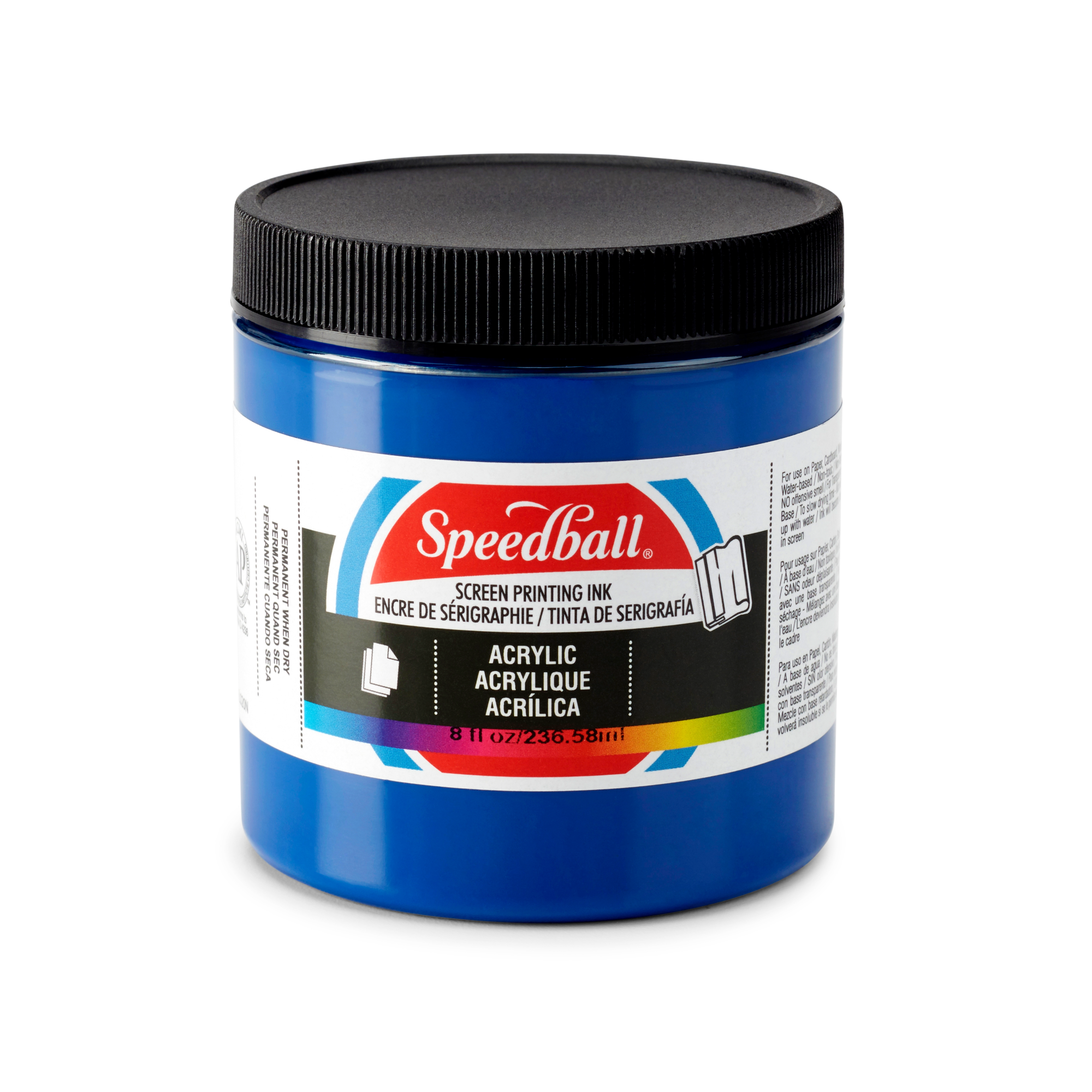 Small tub of blue Speedball acrylic screen printing ink on a white background