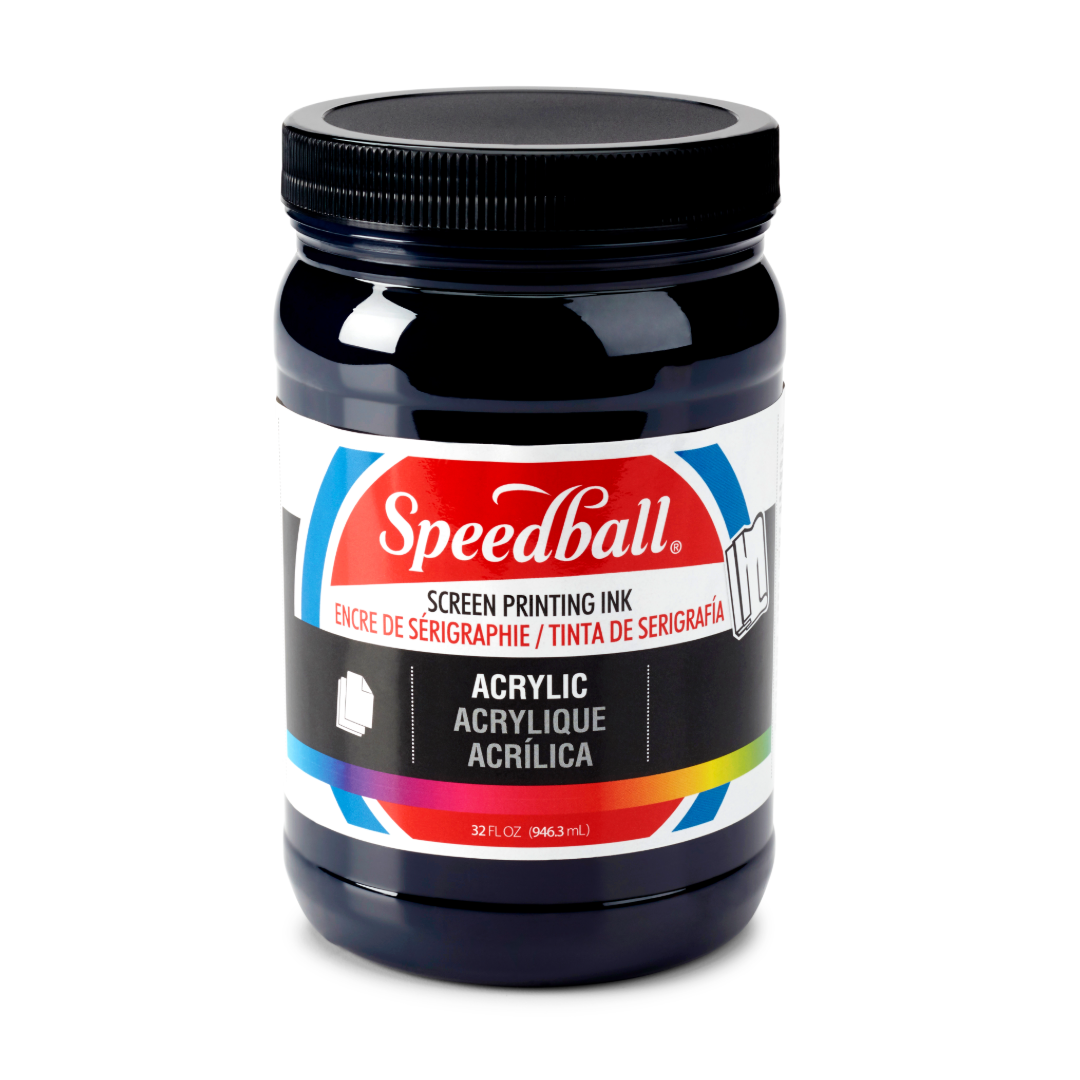 Large tub of dark blue Speedball acrylic screen printing ink on a white background