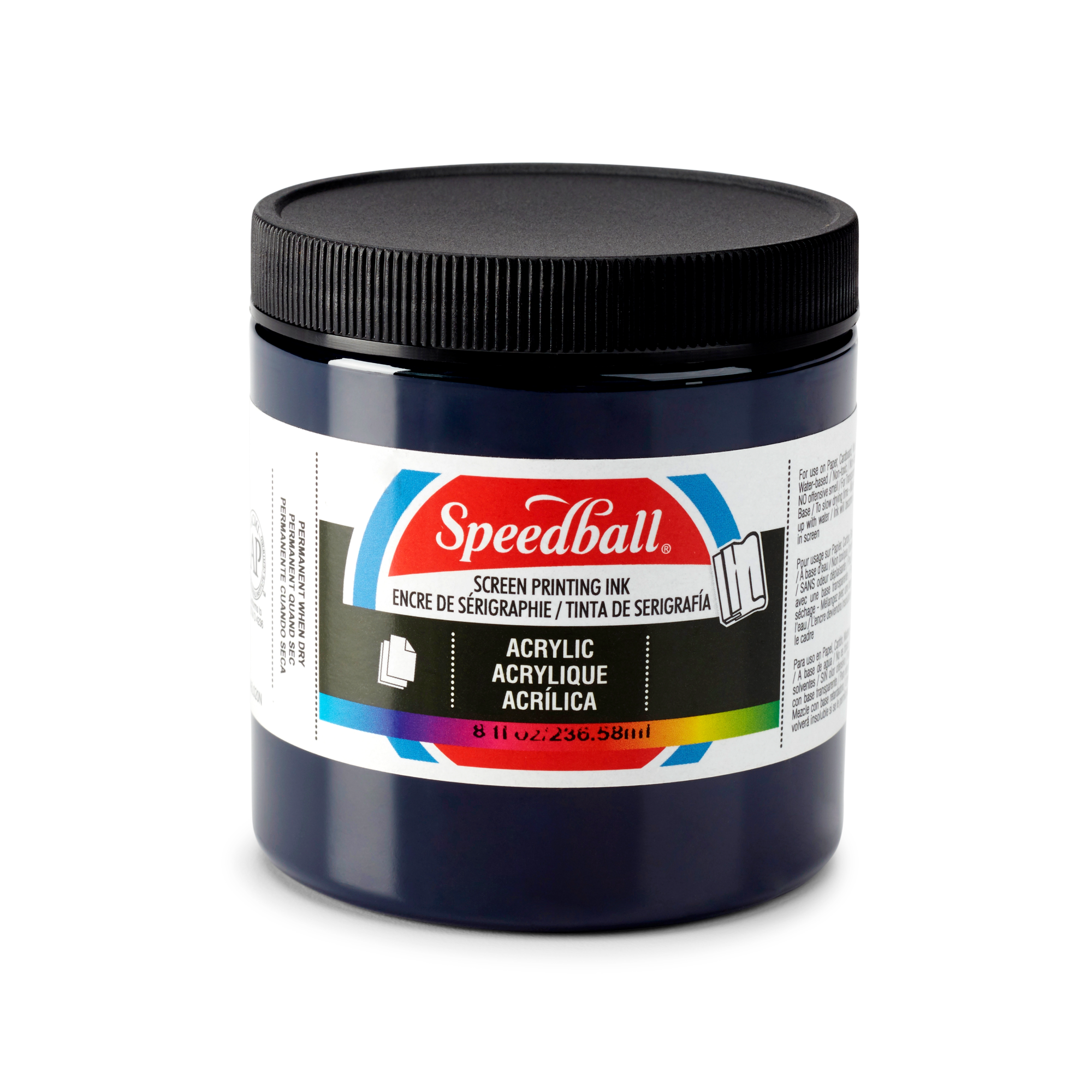 Small tub of dark blue Speedball acrylic screen printing ink on a white background