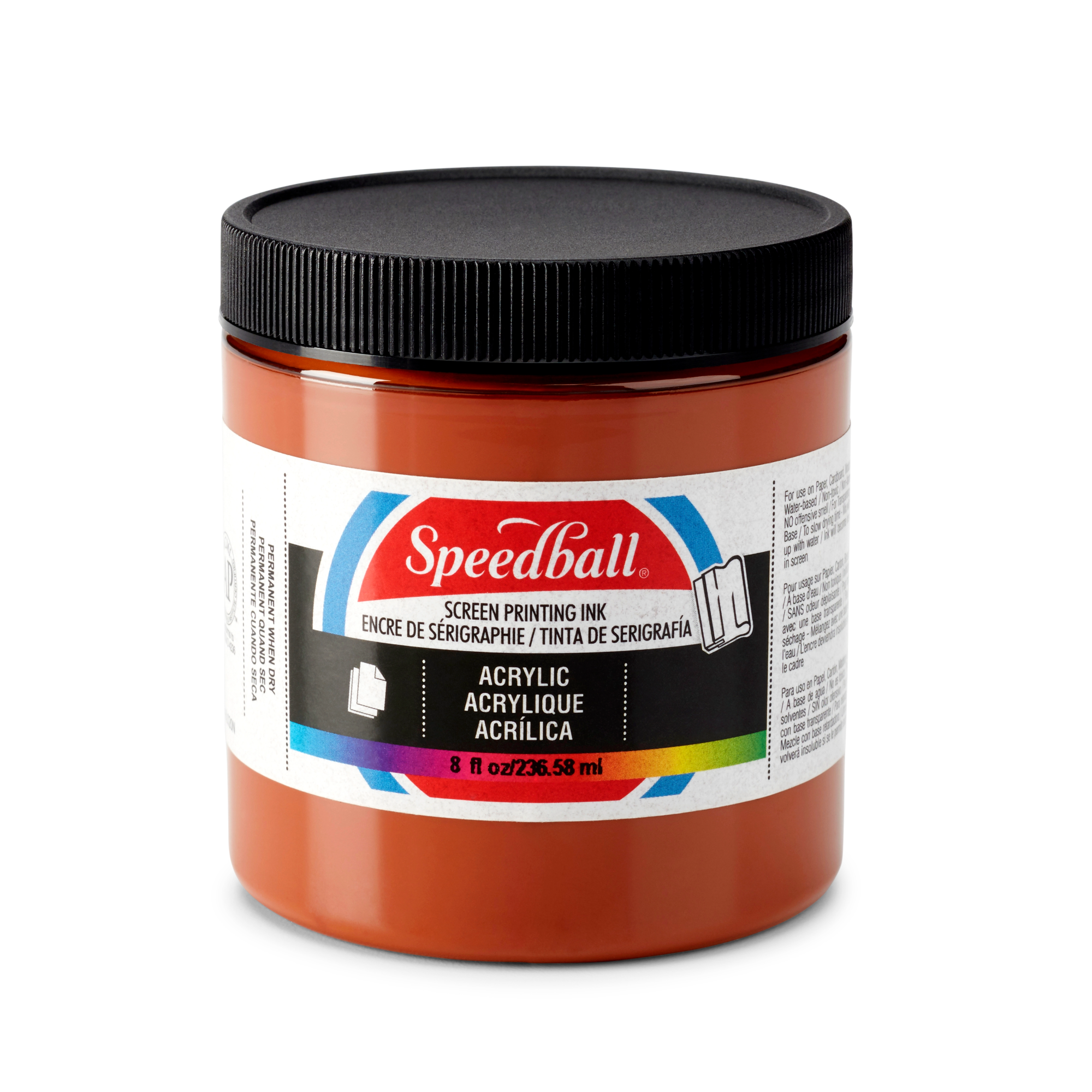 Small tub of brown Speedball acrylic screen printing ink on a white background