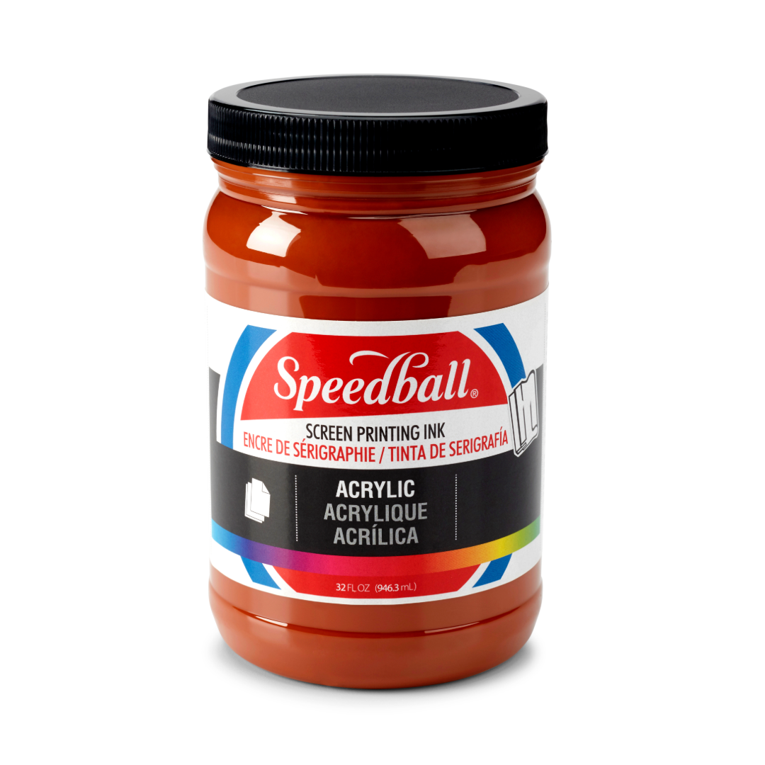 Large tub of brown Speedball acrylic screen printing ink on a white background