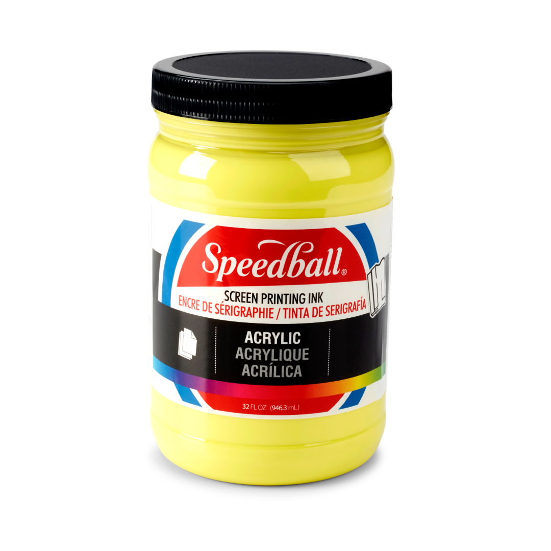 Large tub of yellow Speedball acrylic screen printing ink on a white background