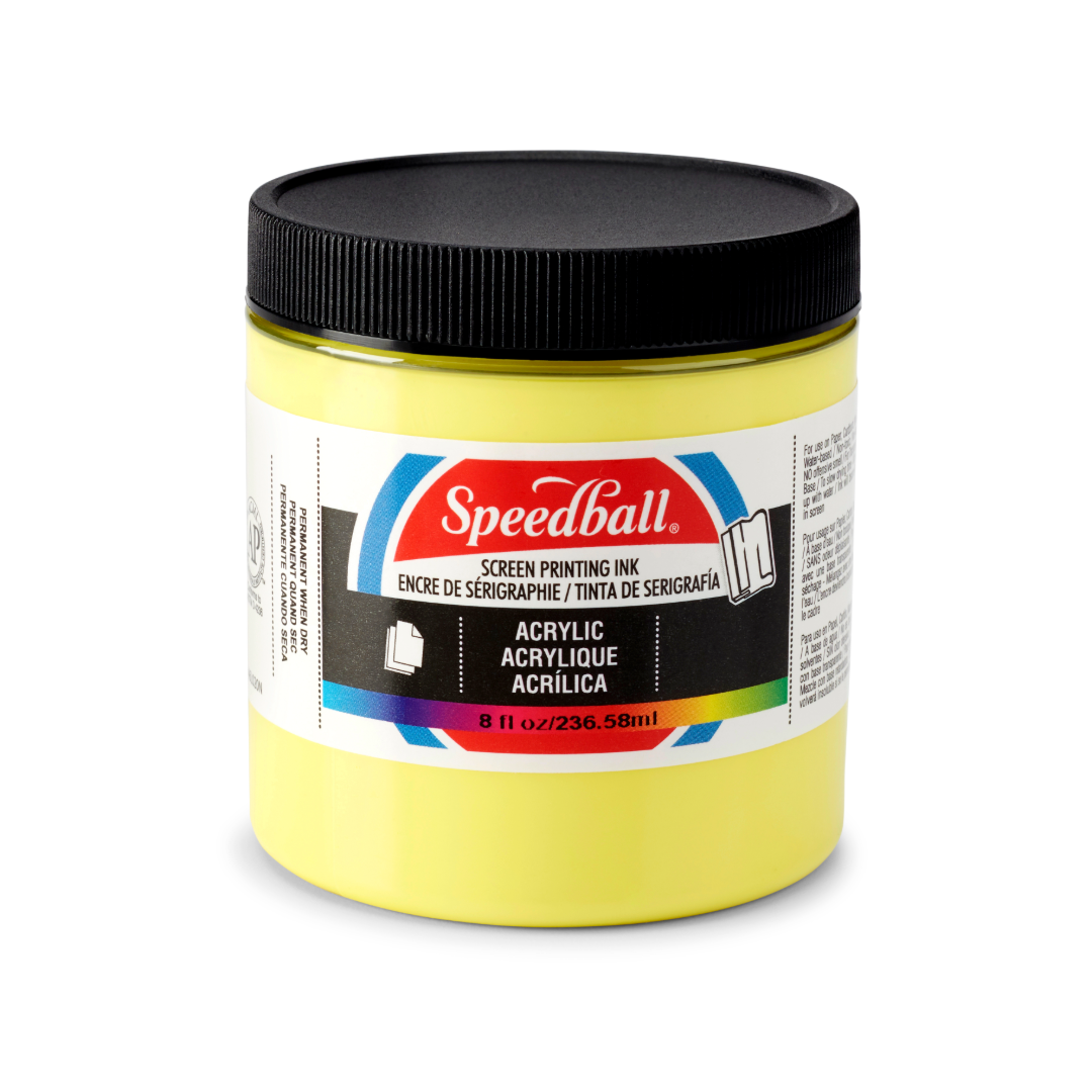 Small tub of yellow Speedball acrylic screen printing ink on a white background