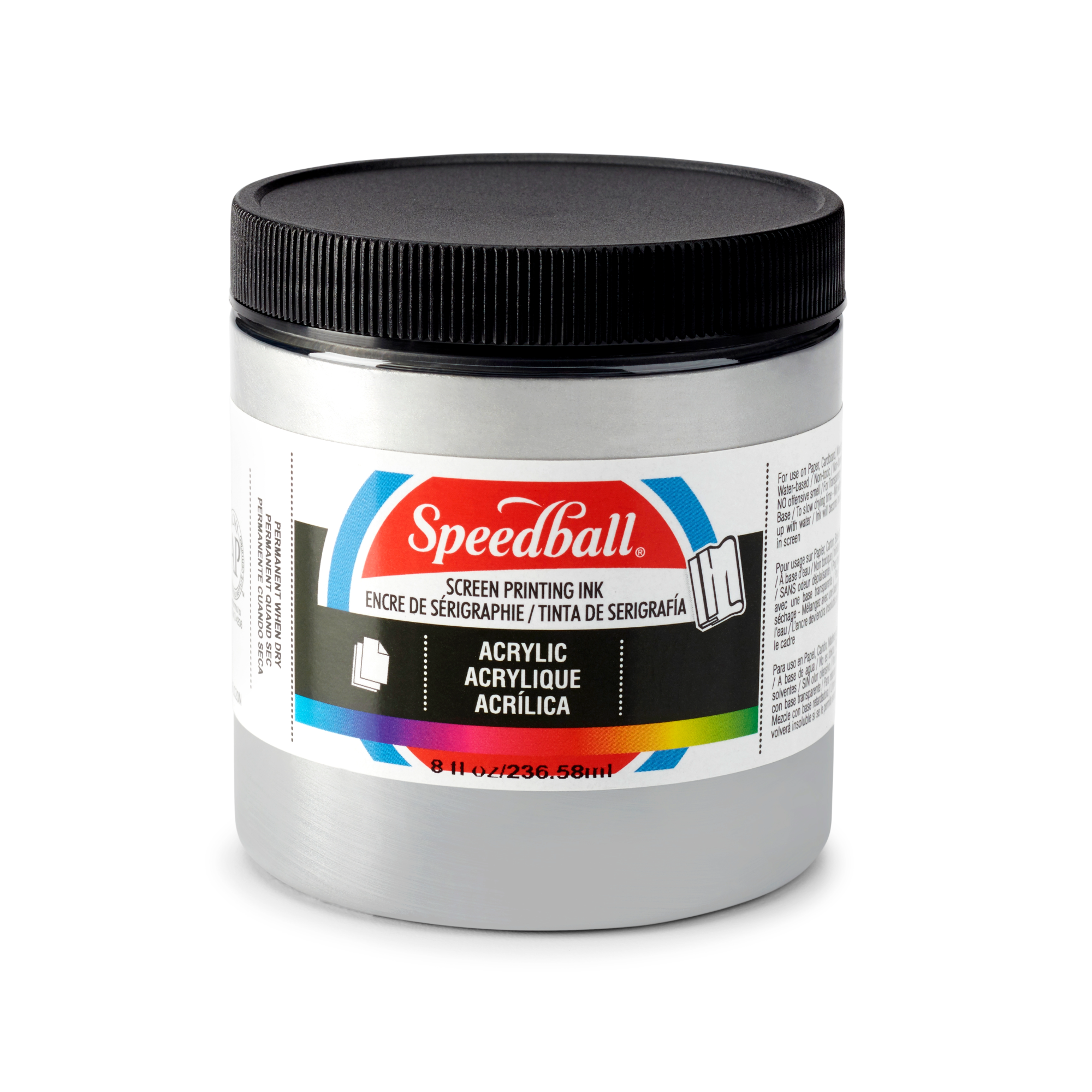 Small tub of silver Speedball acrylic screen printing ink on a white background
