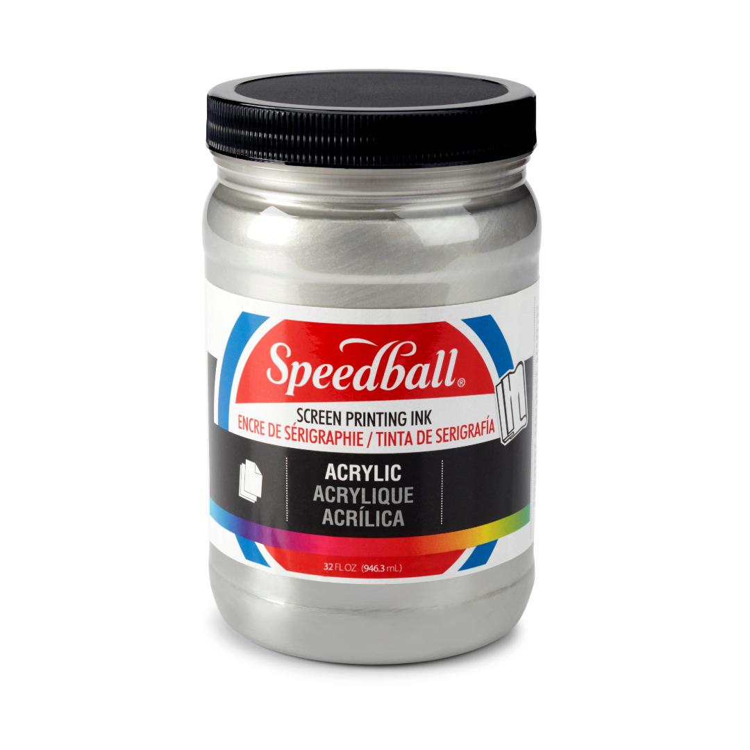 Large tub of silver Speedball acrylic screen printing ink on a white background