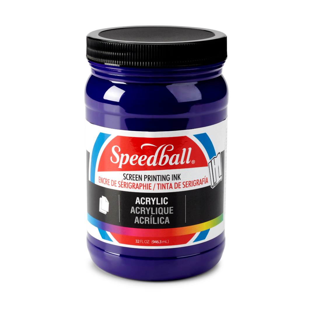 Large tub of violet Speedball acrylic screen printing ink on a white background