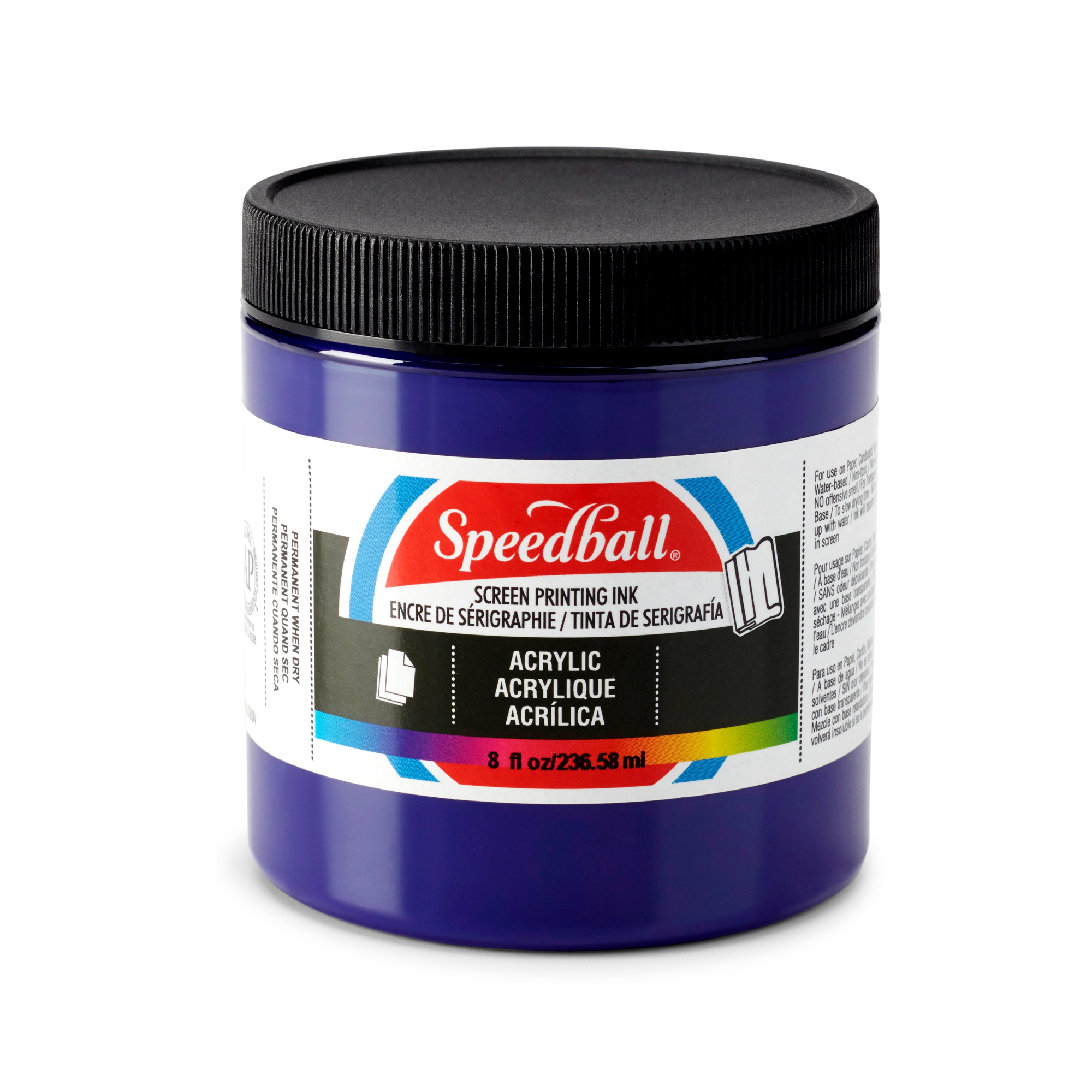 Small tub of violet Speedball acrylic screen printing ink on a white background