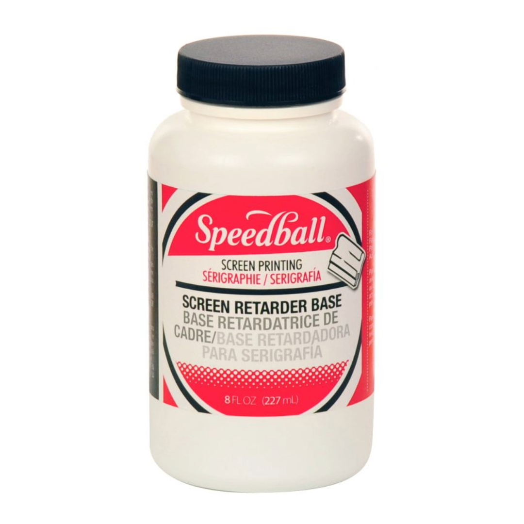 A white bottle with a black cap. Features a Red White and Black label design listing Speedball screen retarder base. Show on a white background.