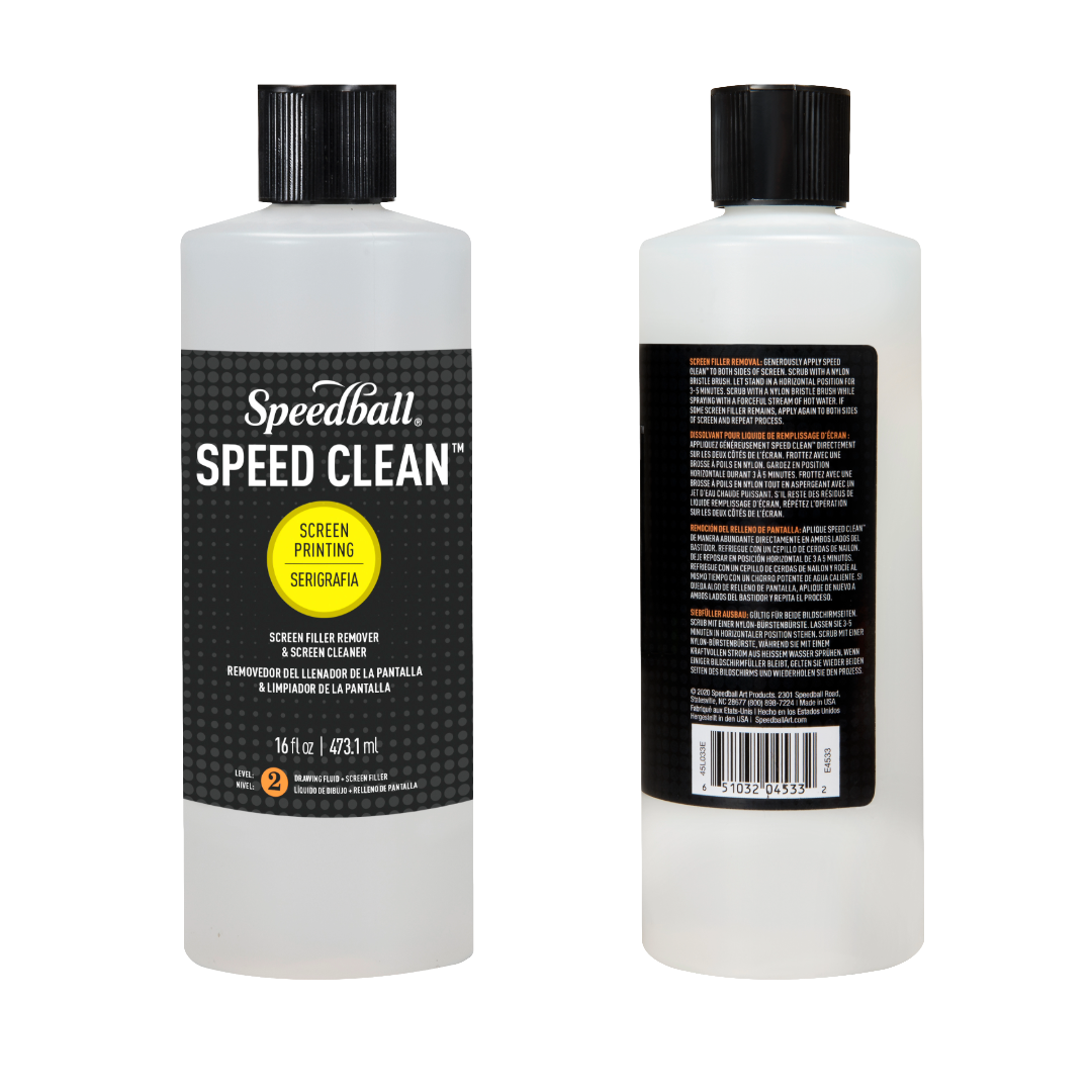 Front and back of a Speedball Speed Clean, screen filler remover on a white background with a black label and use instructions.