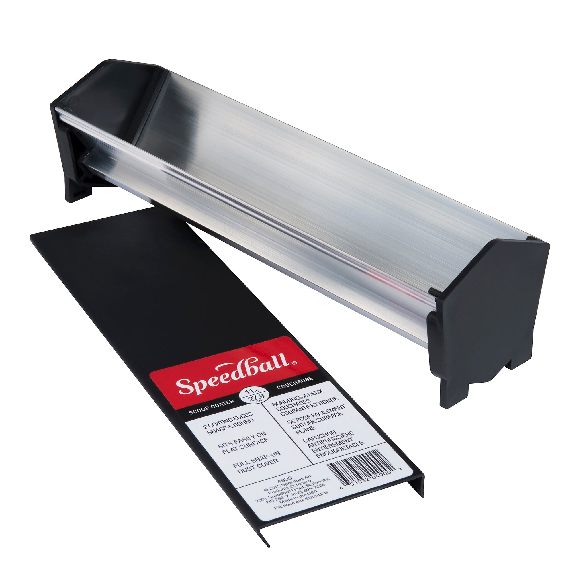 An 11-inch Speedball Screen Scoop Coater made of aluminium, displayed with it's cover off on a white background,