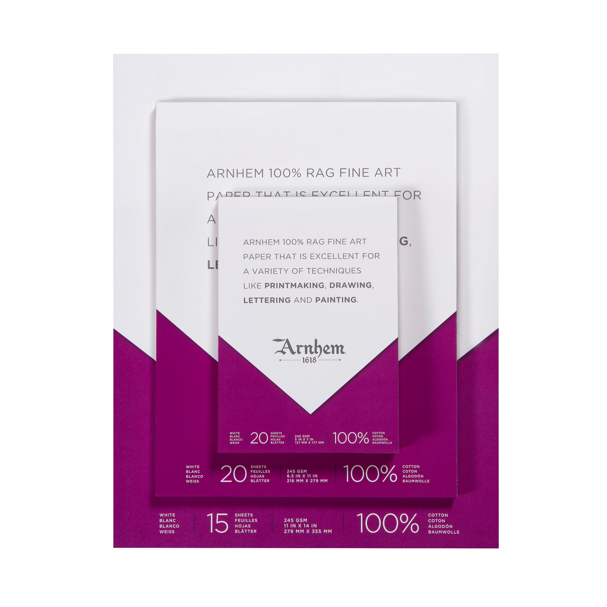 Arnhem 100% Rag Fine Art paper pads stacked from large to small showing packaging with a purple and white design.