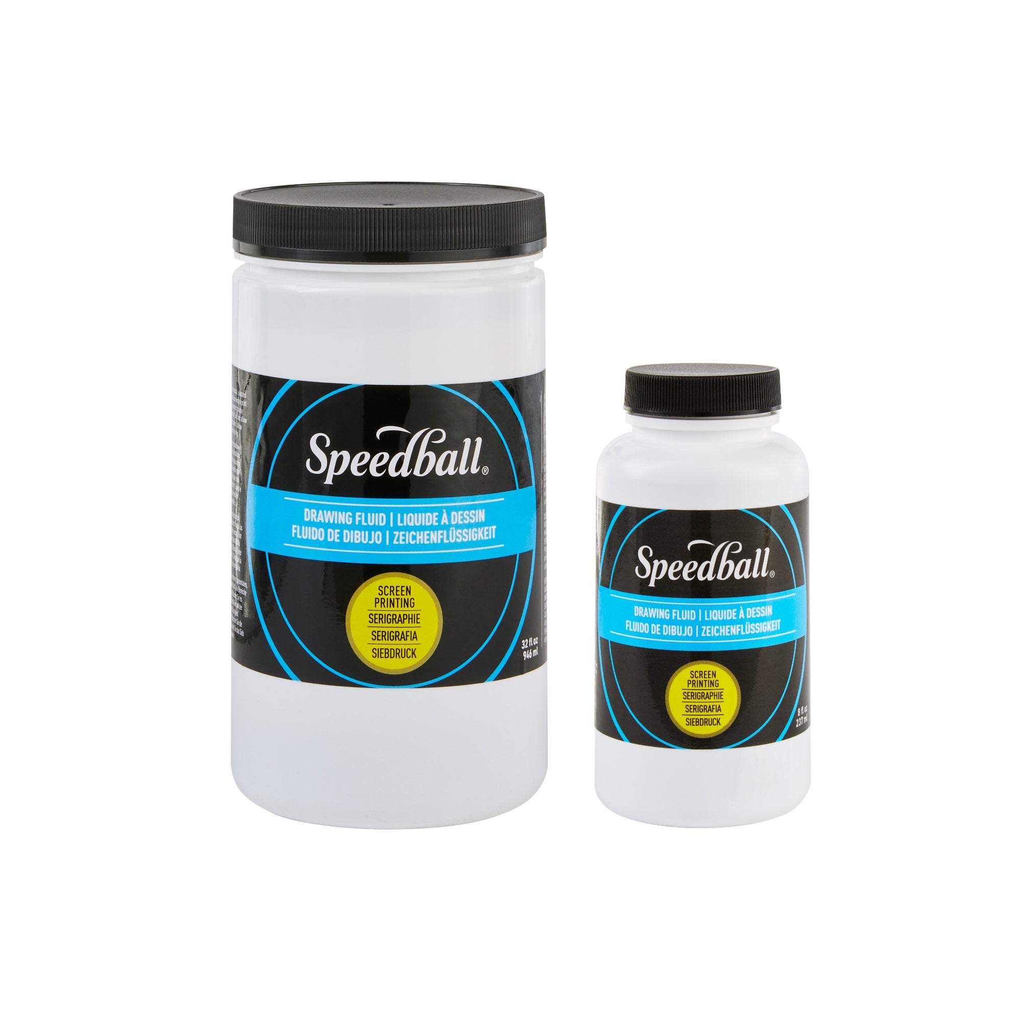 Two Speedball Drawing Fluid white containers of various sizes with black and blue labels and black lids on a white background