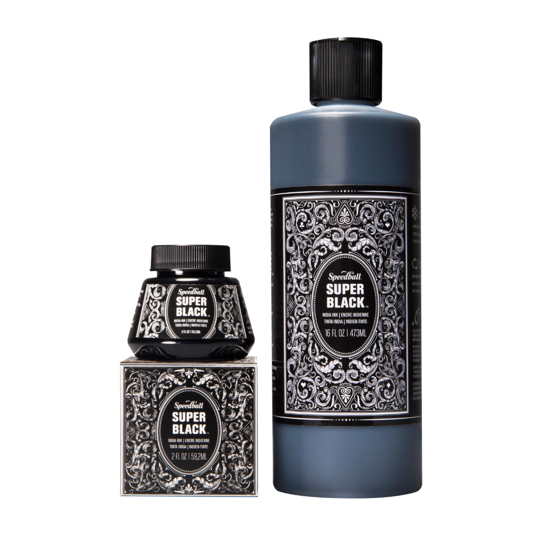 Two bottles of Speedball Super Black Indian Ink, one smaller and one larger with a decorative pattern on the labels.
