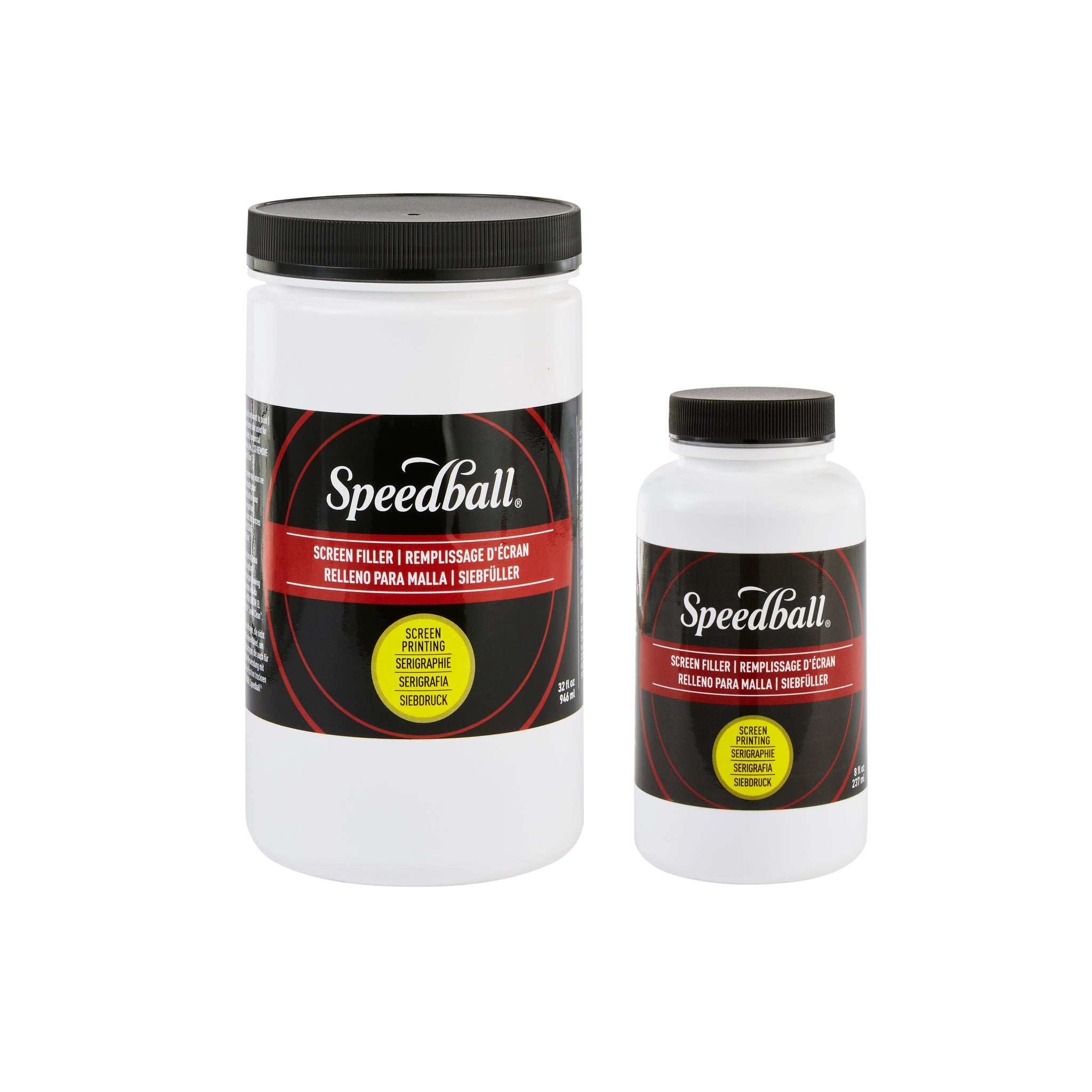 Two bottles of Speedball screen printing filler of various sizes on a white background
