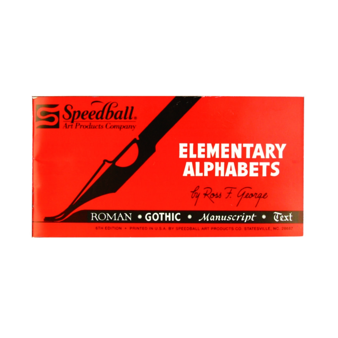 A red cover of the Speedball Elementary Alphabets book with a pencil graphic and text illustrating the  contents, including Roman, Gothic, and manuscript alphabets.