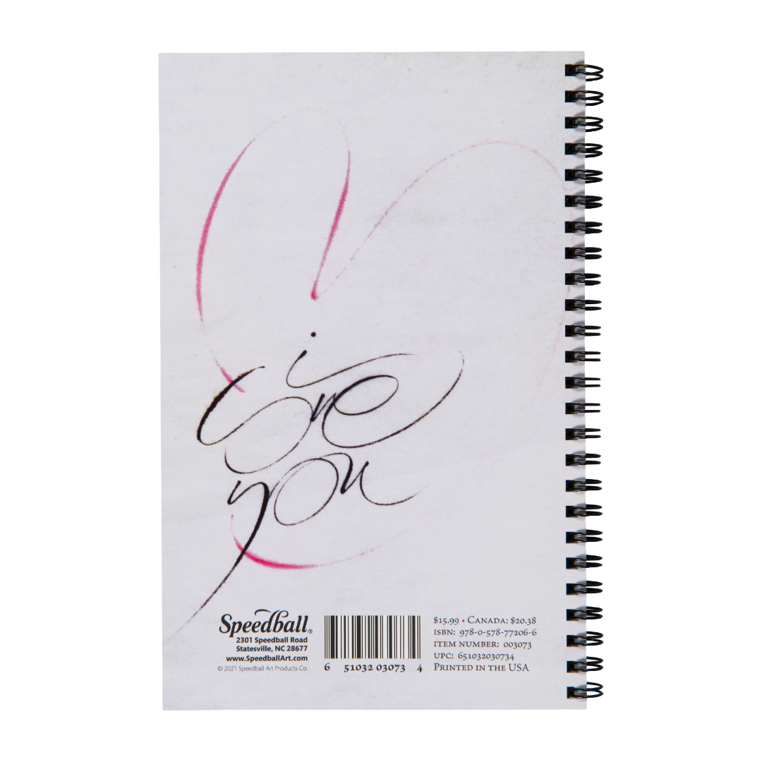Back of spiral-bound notebook with artistic design and 'Speedball' branding on a white background