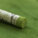 A close-up of a green Sennelier extra soft pastel, on the same coloured background, with the colour information printed on the paper wrap.