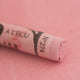A close-up of a light pink Sennelier extra soft pastel. on the same coloured background, with the colour information printed on the paper wrap.