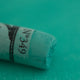 A close-up of a green Sennelier extra soft pastel. on the same coloured background, with the colour information printed on the paper wrap.