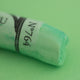 A close-up of a light green Sennelier extra soft pastel. on the same coloured background, with the colour information printed on the paper wrap.