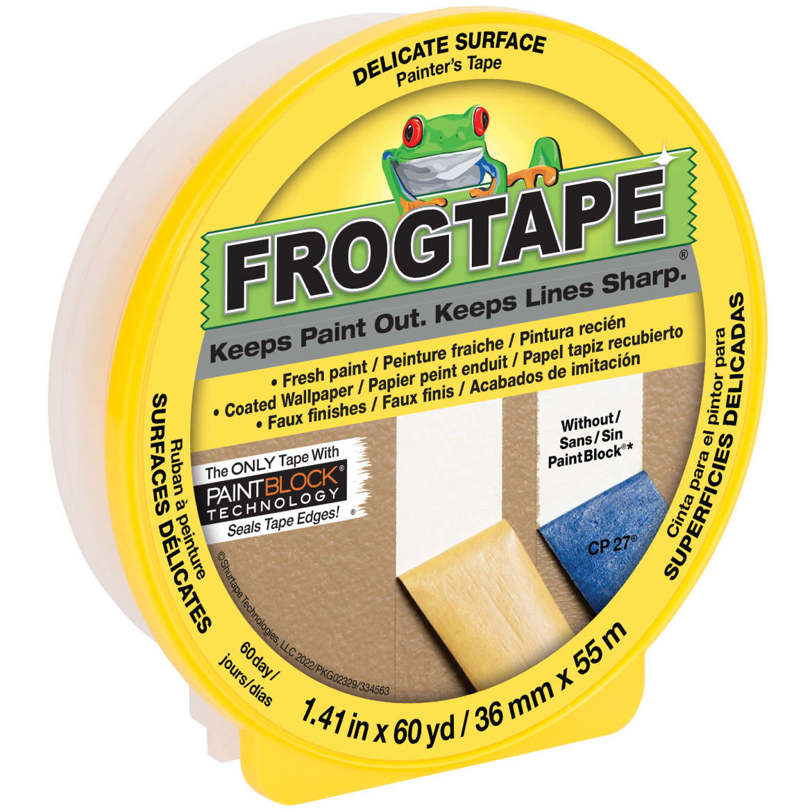 A roll of Frog Tape with yellow packaging, designed for delicate surfaces, with product information and the brand logo visible.