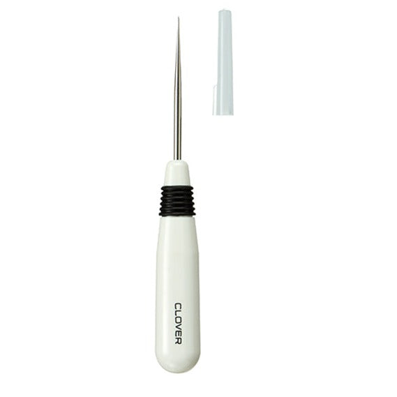 Straight tailors awl with a white handle with a black grip strip and lid off on white background.