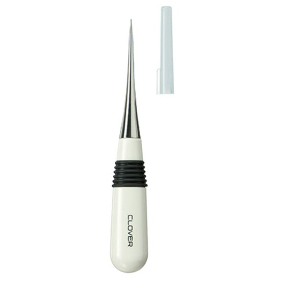 Tapered awl with a white handle with a black grip strip and lid off on white background.