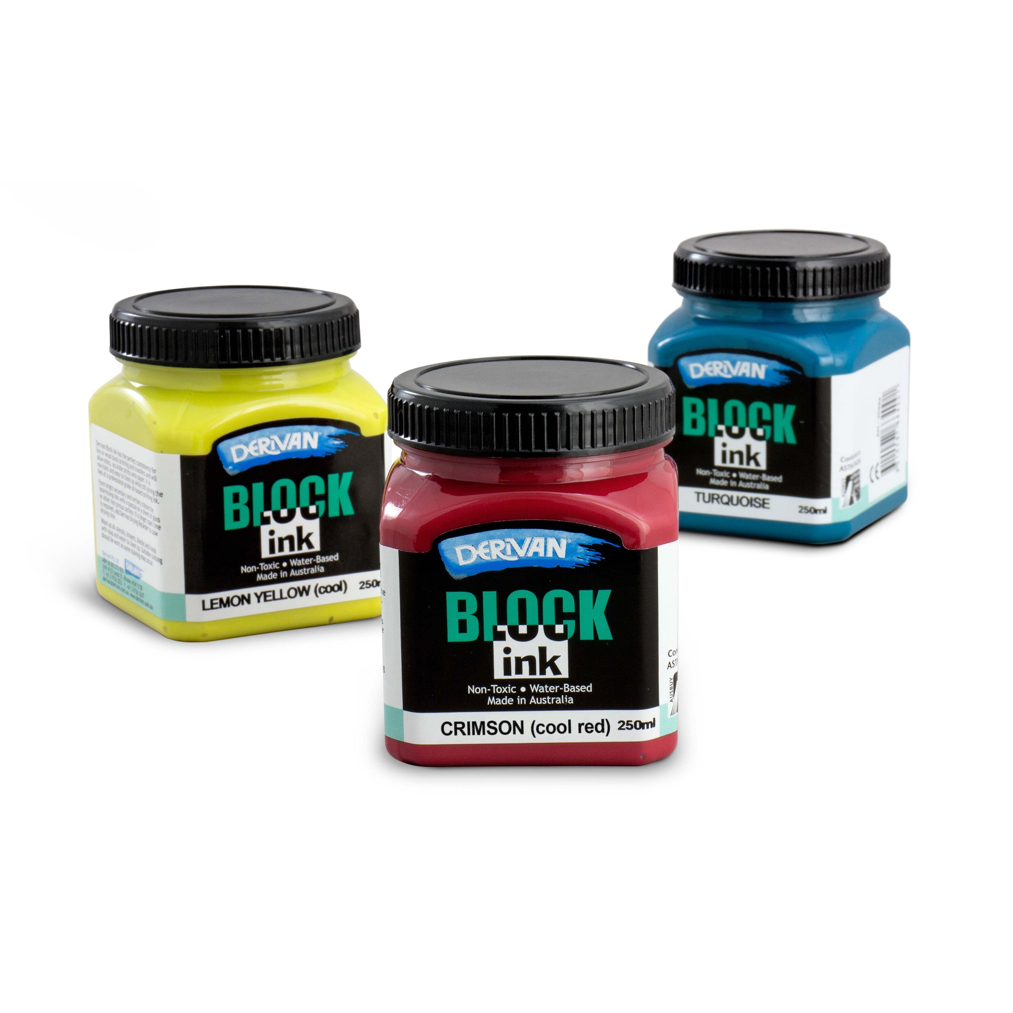 Three jars of Derivan block printing ink in yellow, blue, and red colours, against a white background.