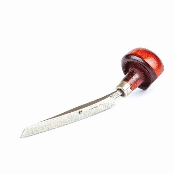 Wooden-handled engraving tool with a metallic shaft ending at a fine point on a white background