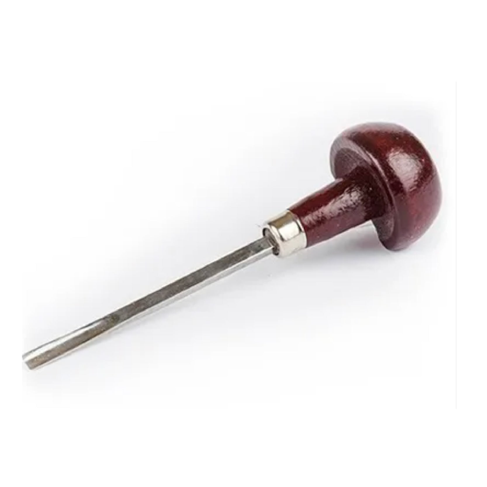 A U gouge wood cutter with a mushroom-shaped wooden handle and a flat, metal blade.