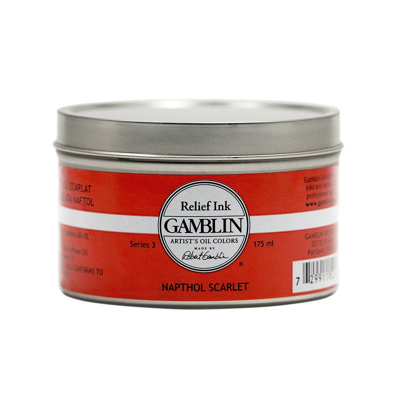 A can of Gamblin Relief Ink in Naphthol Scarlet colour, with product details visible on the label.