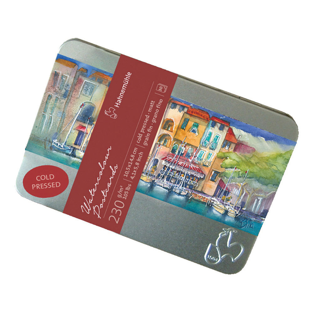 A tin box with a watercolour picture of colorful houses on the cover, labeled as Hahnemühle Watercolor Postcard Tin of W/C Cards 230gsm.