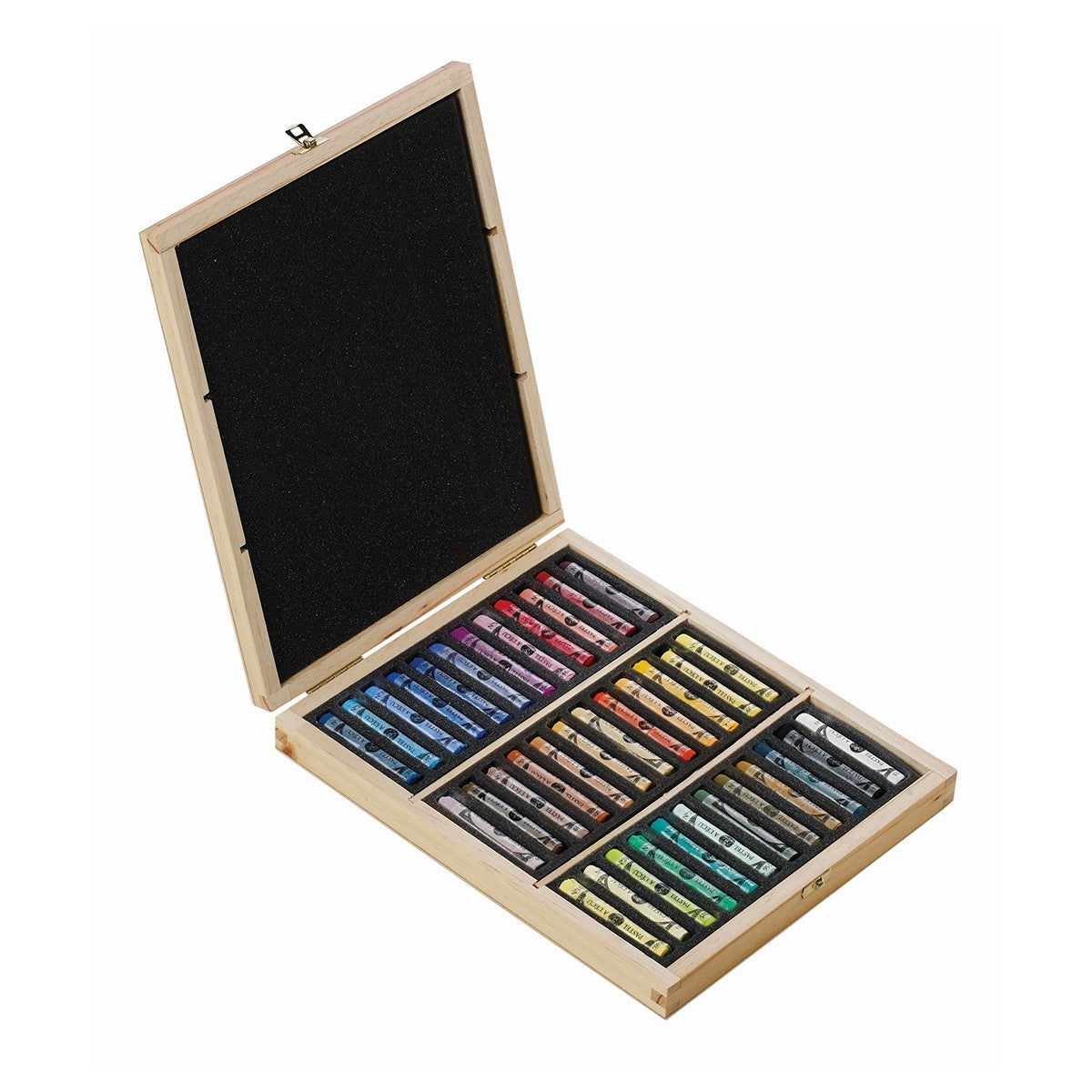 A set of 36 Sennelier Extra Soft Pastels in assorted colours, displayed neatly in a wooden box with foam lining. 