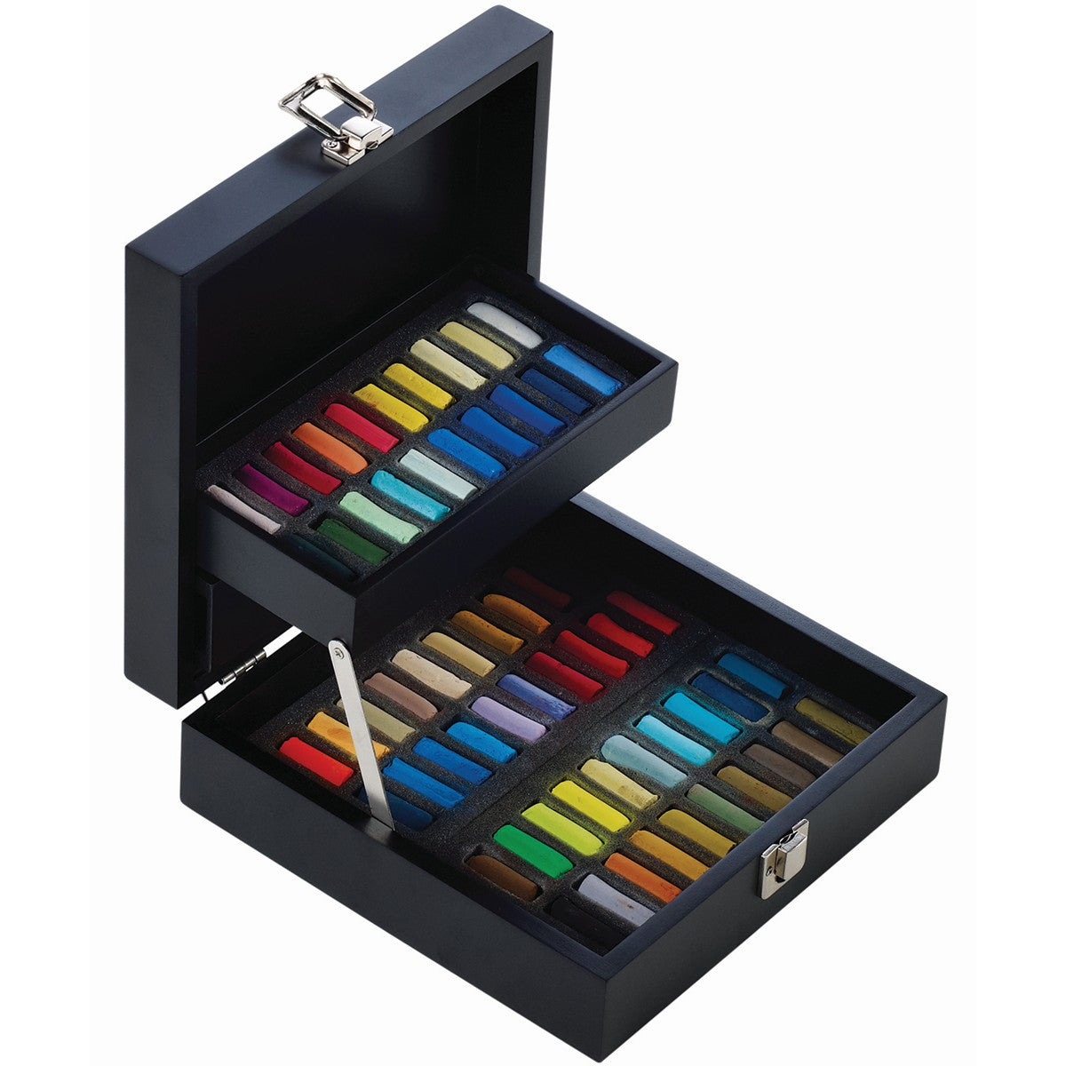 An open wooden box containing an assortment of Sennelier Extra Soft Half Pastels in various colours.