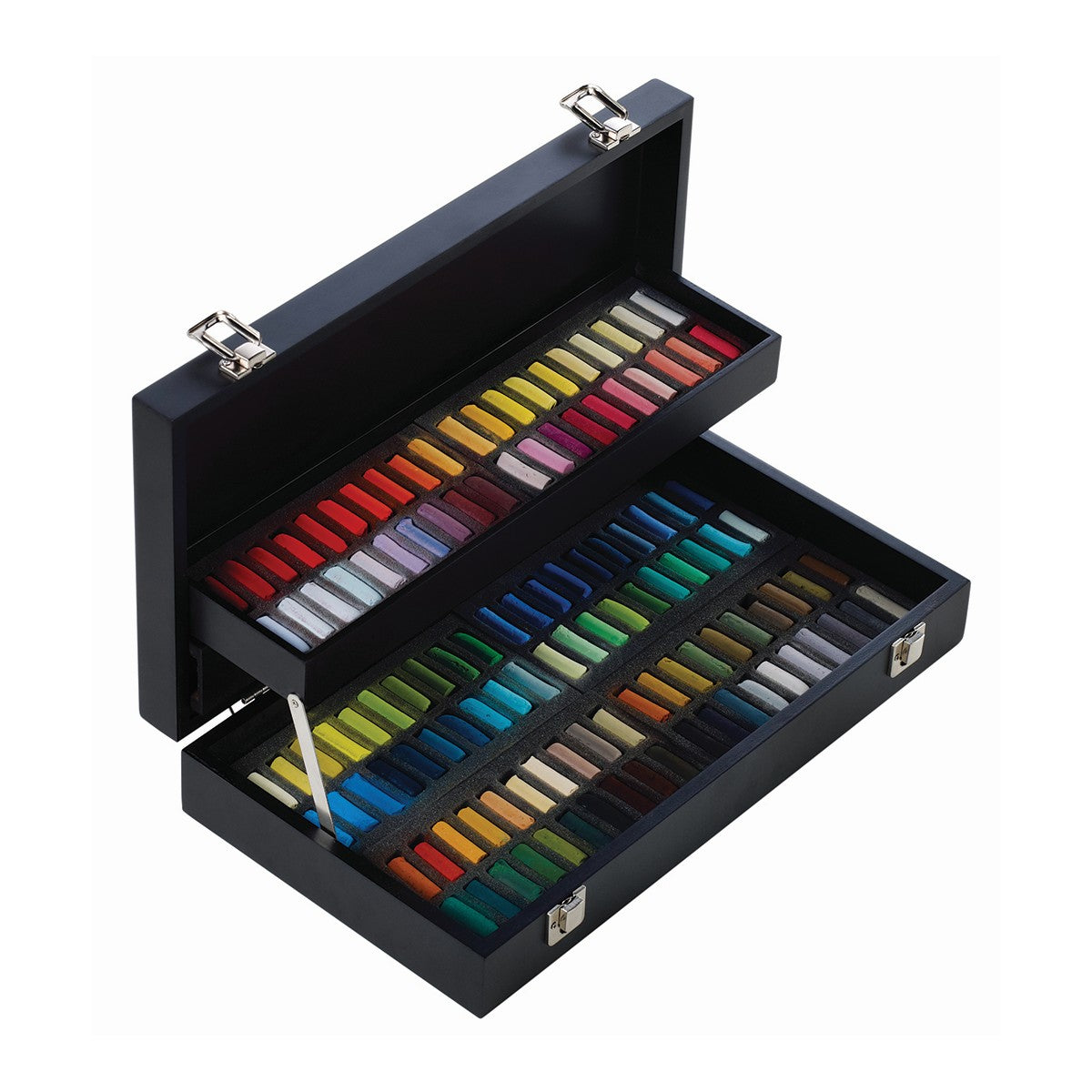 Black two-tiered wooden box open, displaying 120 half pastels. On a white background