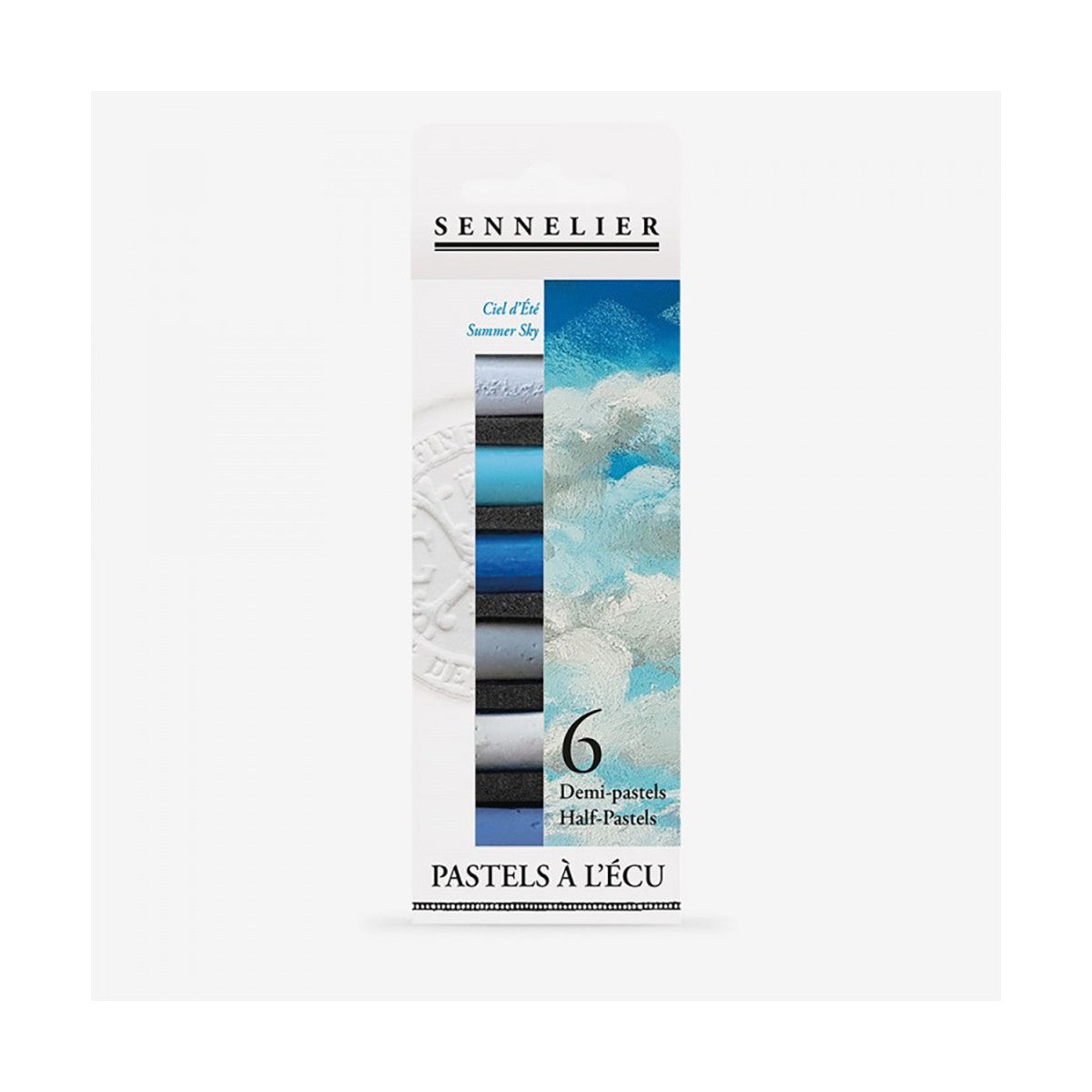 Packaging of Sennelier Extra Soft Half Pastels containing 6 pastel sticks with a scenic summer sky illustration on the cover. Displayed on a white background.