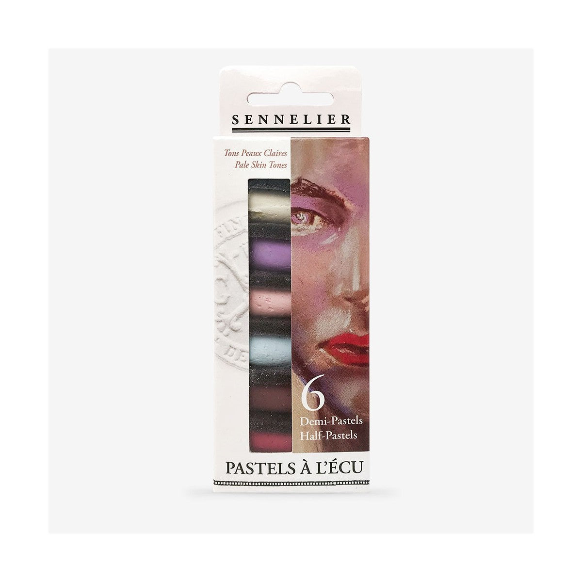 Packaging of Sennelier Extra Soft Half Pastels containing 6 pastel sticks with a portrait illustration on the cover. Displayed on a white background.