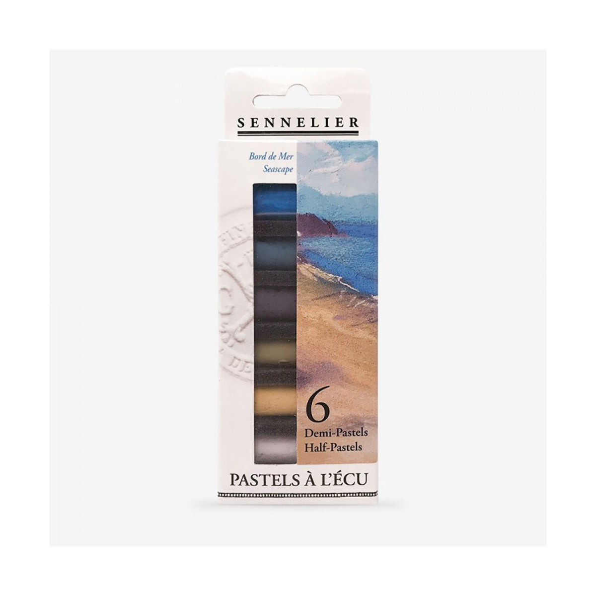Packaging of Sennelier Extra Soft Half Pastels containing 6 pastel sticks with a scenic seascape illustration on the cover. Displayed on a white background.