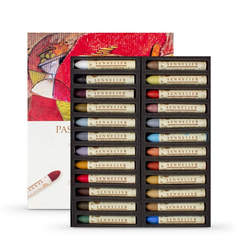 A set of 24 Sennelier oil pastels in various colours, displayed in an open box with foam lining on a white background